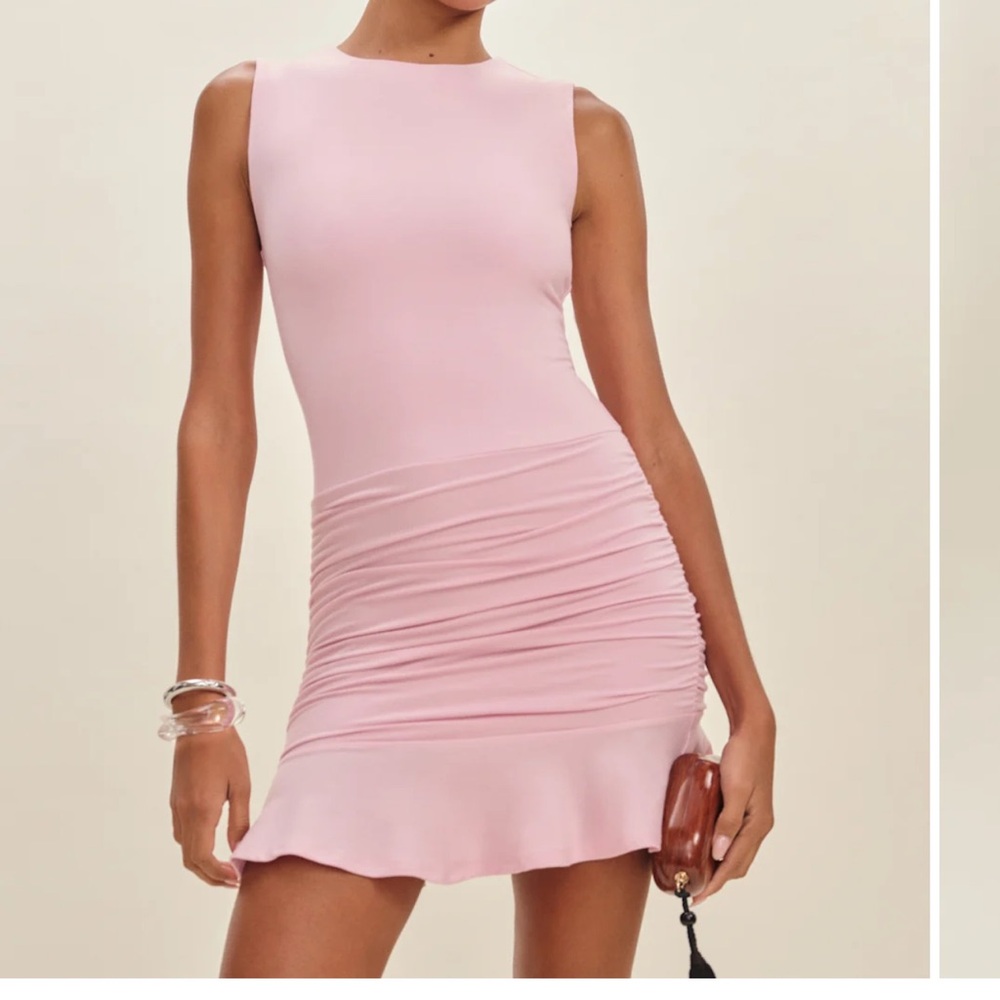 Reformation Light Pink Ruched Mini Dress